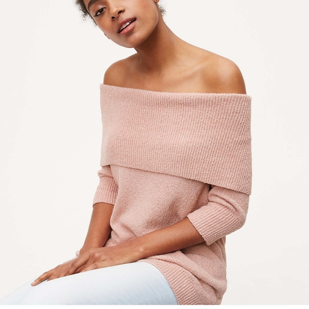 Blush pink off the shoulder sweater